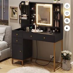 Black Vanity Table Set with Lights, Mirror, Charging Station, Drawers, and Storage