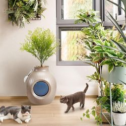 Hidden Litter Box Plant, Cat Litter Box Enclosure Furniture with Odor Removal System, 4 Modes Lights, Artificial Plant, Pebbles, Door, Scoop, (DD2)