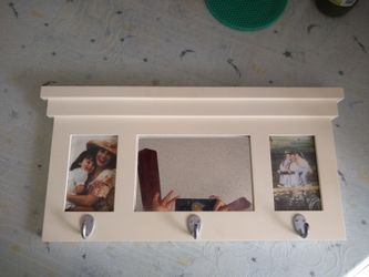White Wood Wall Shelf with Mirror and Hooks