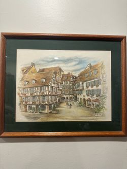 Vintage Bernadette Voz Signed Print - Colmar France Rue des Marchands Watercolor Lithograph Framed