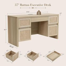 🥨Yechen Executive Desk with 5 Drawers, 57" Modern Rattan Home Office Desk with Charging Station, File Drawer, Farmhouse Boho Computer Writing Desk fo