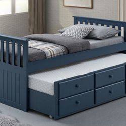 Brand New Blue Twin Size Bed Frame w Trundle Bed + Drawers 