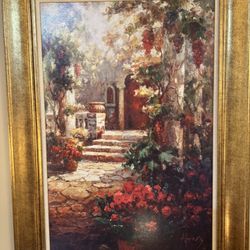  ⸻  Large Framed Mediterranean Courtyard Painting – $29 (Excellent Condition)