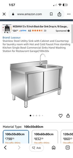 Stainless Steel Utility Sink with Cabinet and Countertop for laundry room with Hot and Cold Faucet Free standing Kitchen Single Bowl Commercial Sinks 