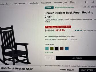 Brand New in Box: SERWALL Shaker Porch Rocking Chair, Black (Retails $133)