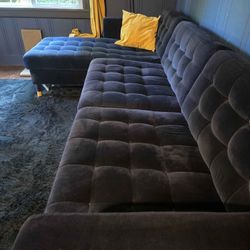 Ikea Blue Velvet Sectional Couch with Chaise - 9ft long - dark blue
