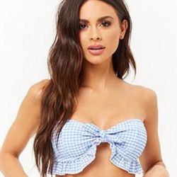 Large Forever 21 Blue & White Gingham Print Bikini Top L