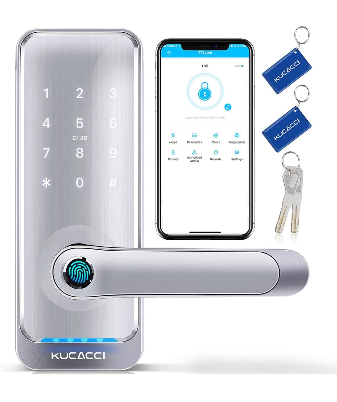 Keypad Smart Door Lock with Handle: Kucacci Keyless Entry Smart Lock for Front Door, Silver