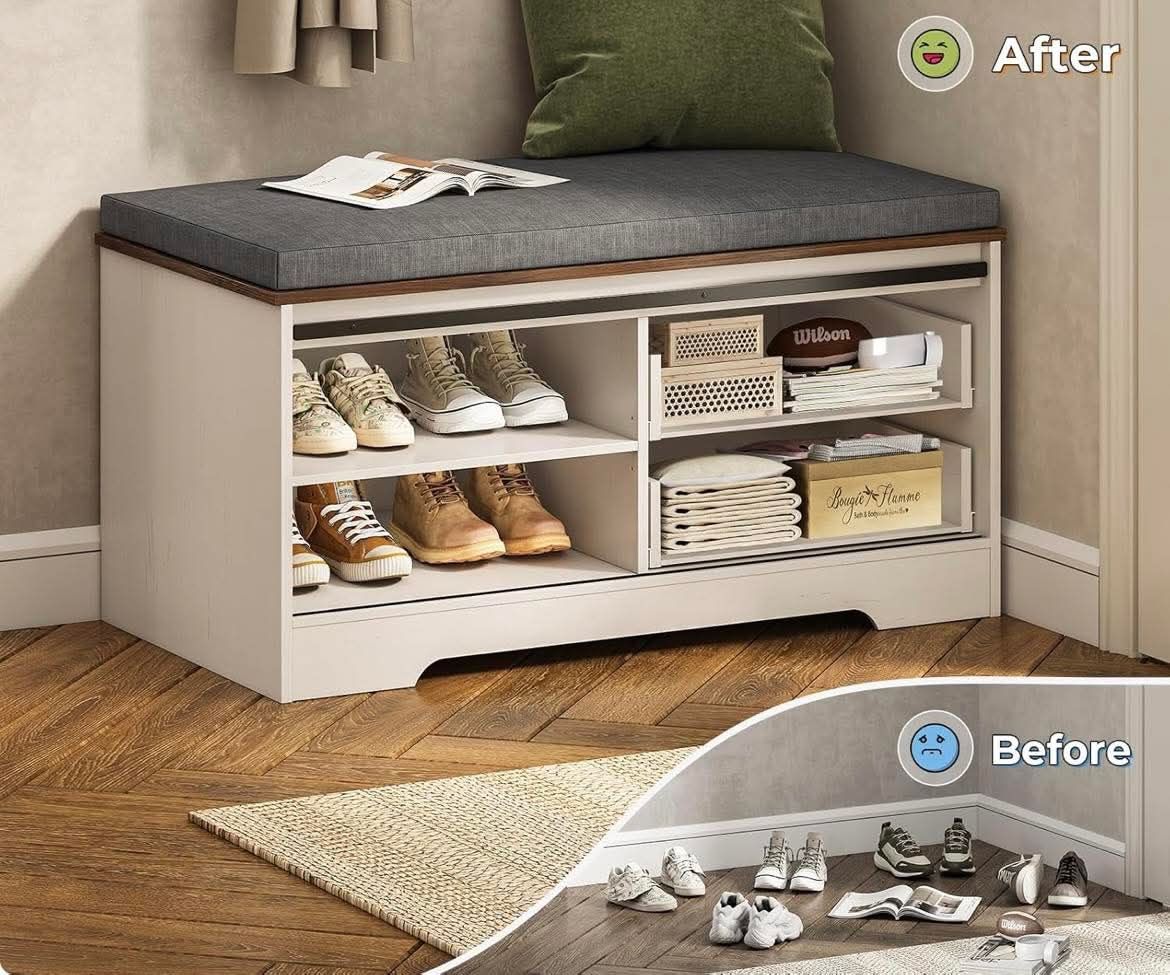 Storage Bench with Cushion, Shoe Rack with Slide Barn Doors, Adjustable Shelf and 2 Drawer for Entry, Bedroom, Closet, Living Room, Hallway (White Bro