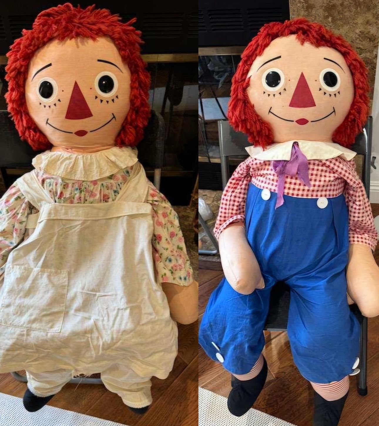 Vintage Raggedy Ann and Andy dolls, 44" tall + 14"