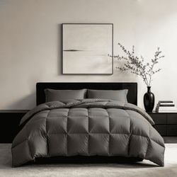 DOWNFORT Feather Down Fiber Comforter King Size - Extra Fluffy Gray Duvet Insert, Ultra-Soft, Breathable, All Season Hotel Luxury Bedding Comforter, 8