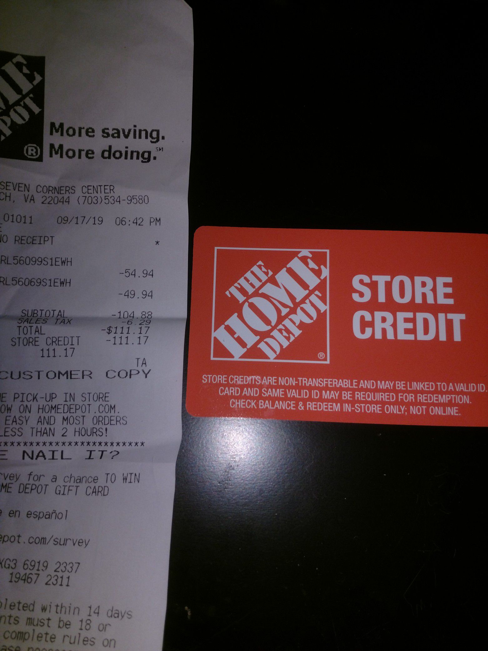 Home Depot Store Credit $111