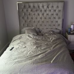 Grey Upholstered Bed, With Grey Upholstered Mirror (giant) + 65inch p 