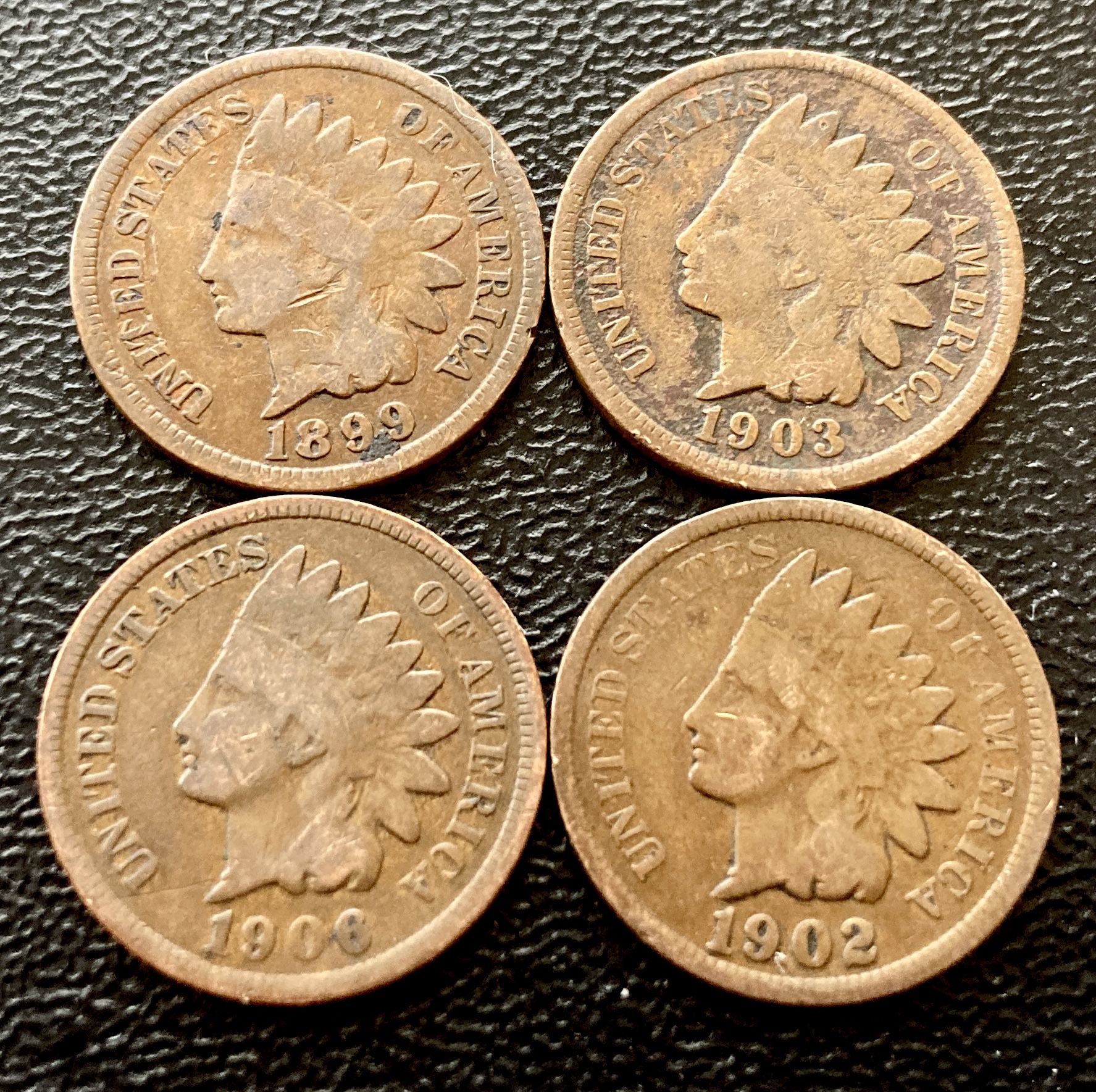 Four (4) Indian Head Pennies Vintage Antique US Cent Coins 