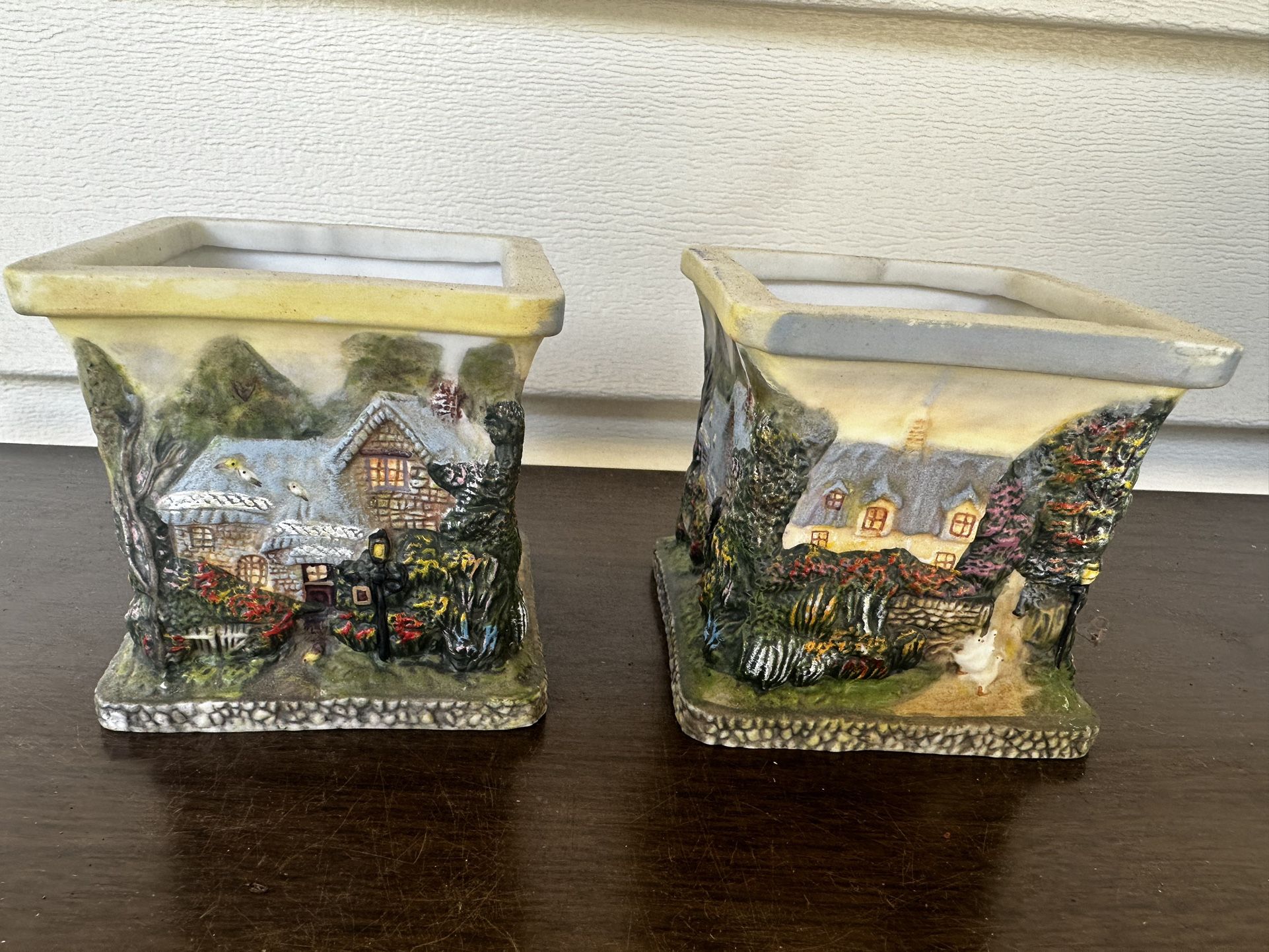Thomas Kinkade Evening At Swanbrooke Cottage Candle Holder 3" Square Tea Lights Holder Set