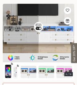 86.6 Modern TV Stand - White Marble High Gloss LED Entertainment Center with Storage