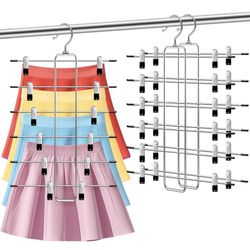 6-Tier Space Saving Pants Hangers with Clips, Multi-Functional Skirt & Jean Organizer for Small Closets, Dorm Room Essentials, 2 Pack Metal Clothes St