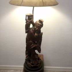 Vtg 1930’s Oriental Lamp Fisherman Wood Carved