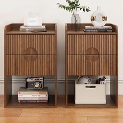 Set of 2, Small Night Stand Table with Drawer, Wood Side Table with Storage, Boho Mid Century Modern Vintage Bedside Table, Walnut