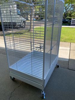 Large White Metal Bird Cage on Wheels
