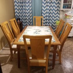 Italian Hand Painted Kitchen Table..Grape Vine Design!@..Solid Wood And Tile Top..Size 62x38 Wide 30 Inches Tall...6 Padded Solid Wood Kitchen Chairs.