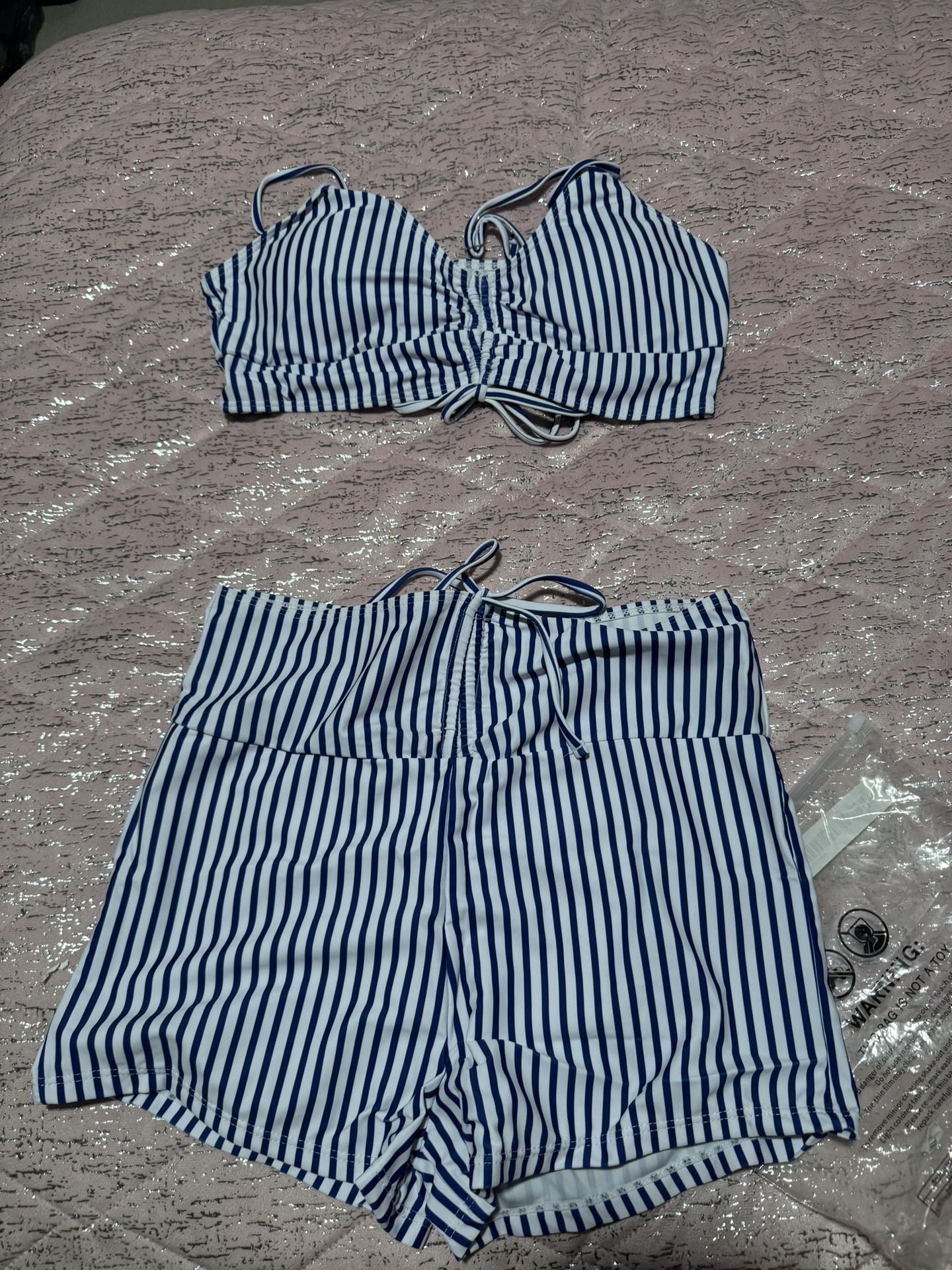 Womens Size Large Blue White Striped Bikini Swimsuit