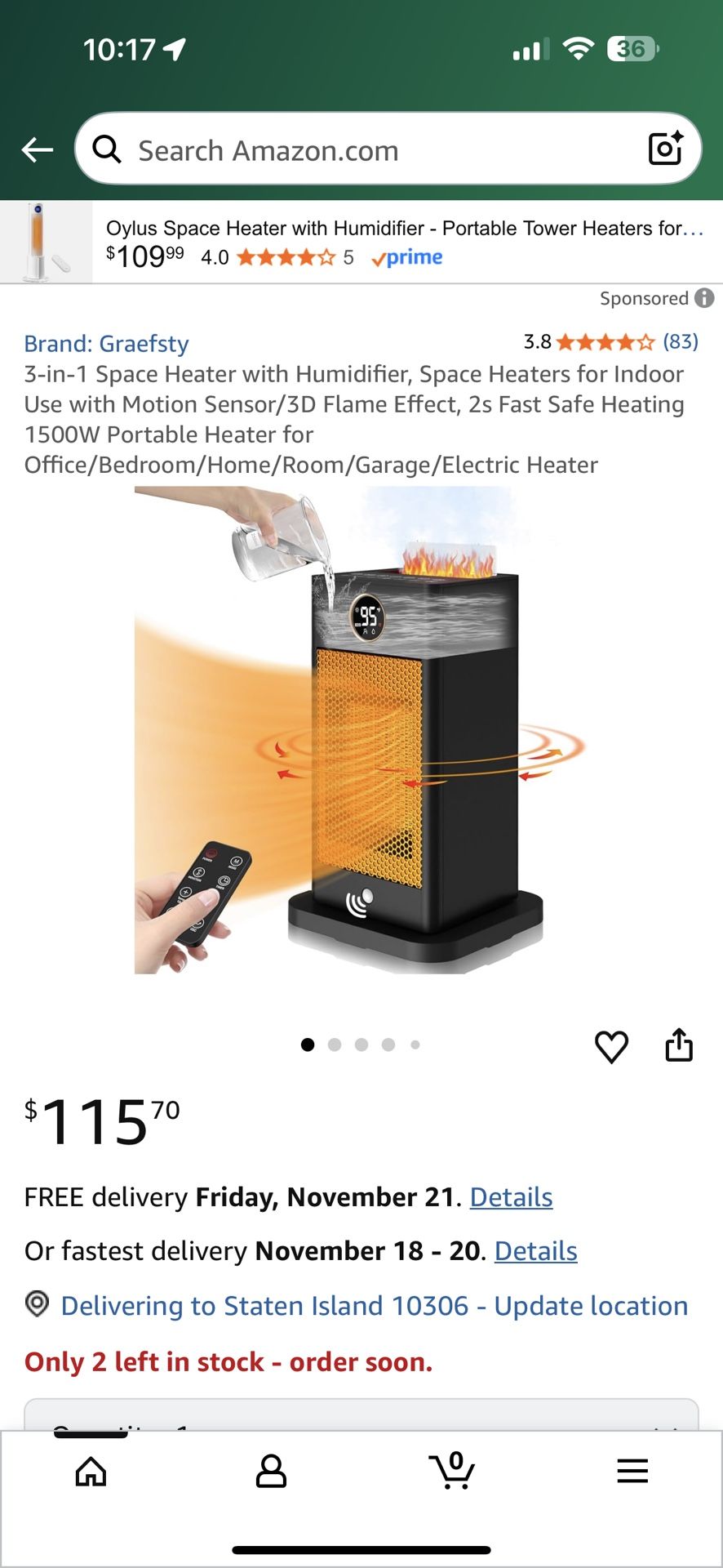 3-in-1 Space Heater with Humidifier, Space Heaters for Indoor Use with Motion Sensor/3D Flame Effect, 2s Fast Safe Heating 1500W Portable Heater for O