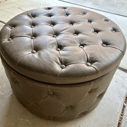 Brown Tufted Faux Leather Ottoman 