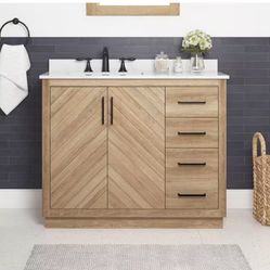 Huckleberry 42 in. Single Sink Weathered Tan Bath Vanity with White Engineered Marble Top (Assembled)