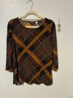 Bob Mackie Plaid Print 3/4 Sleeve Size Large Top