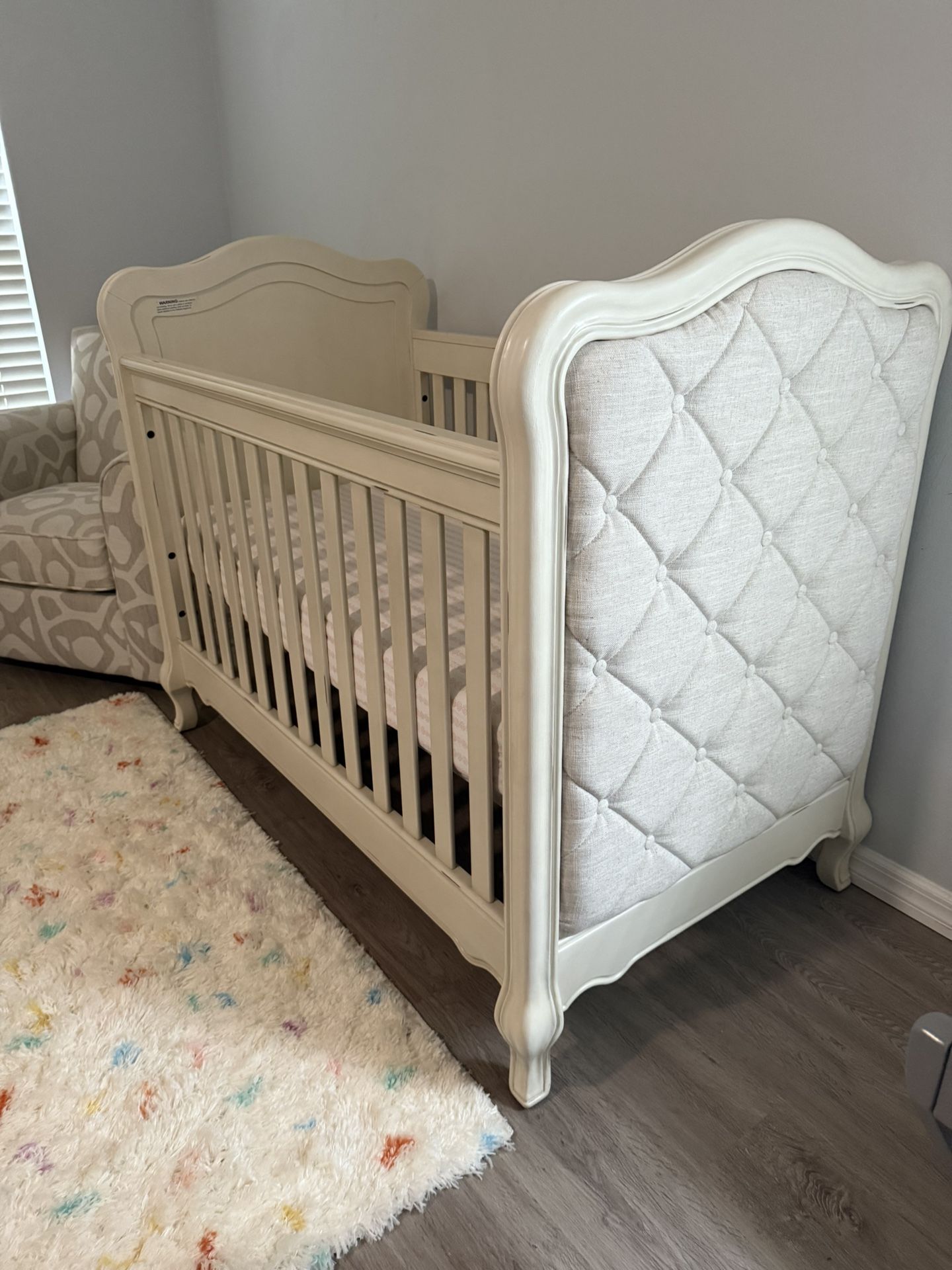 Crib (Bertini Tinsley) and Pottery Barn crib mobile musical with arm