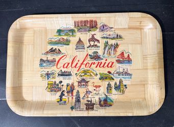 Vintage California Souvenir Tray 1960s-70s Bamboo Rattan State Map Landmarks