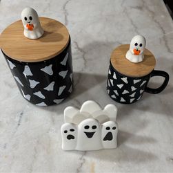 Halloween Ghost Ceramic Mug, Canister & Napkin holder set