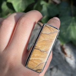 Large Size 8.5 925 Silver Overlay Picture Jasper Ring 