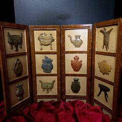 Vintage Chinese four-panel folding table screen featuring applied motifs of archaic bronze vessels and artifacts. 24" Long