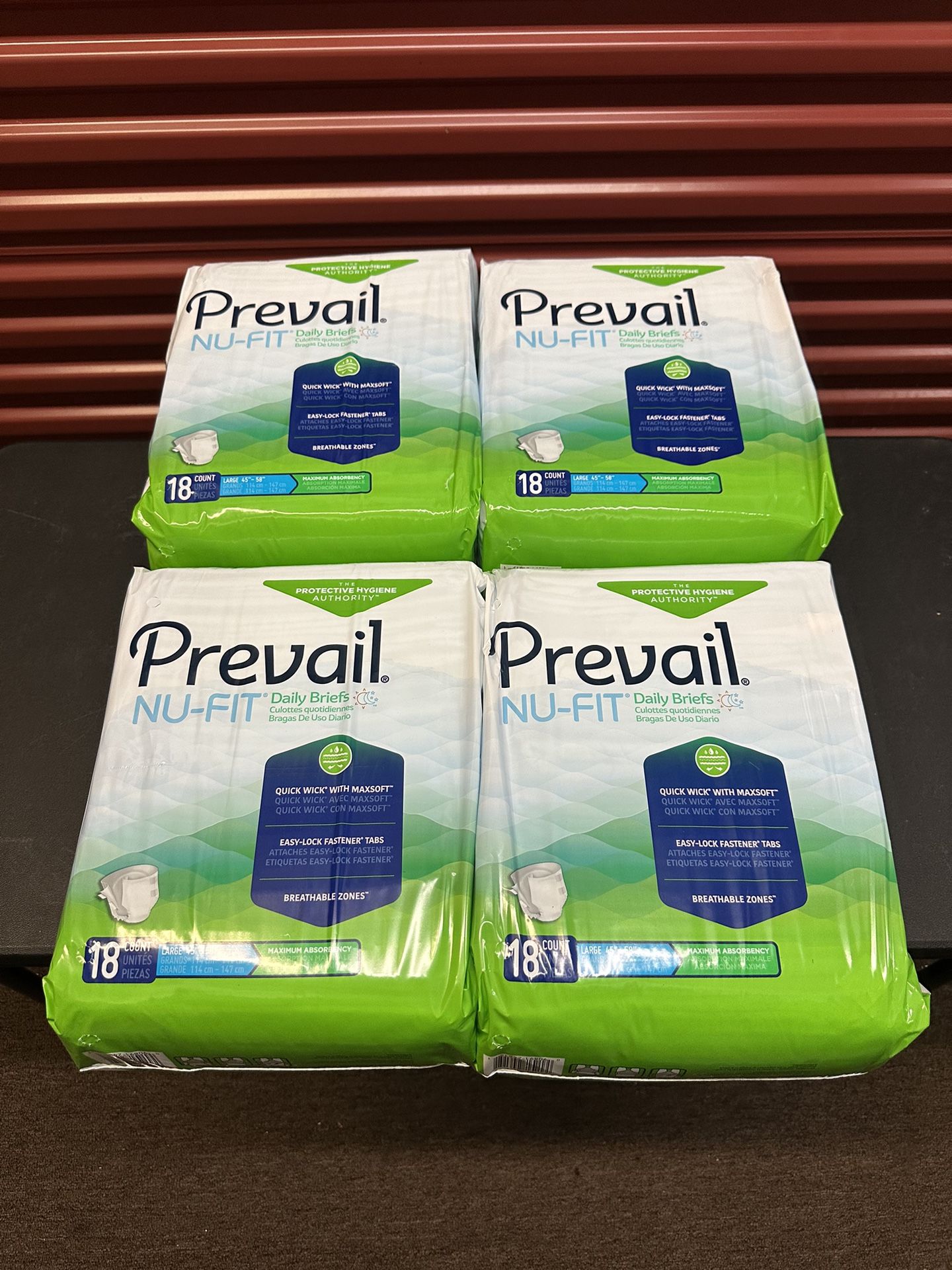 PREVAIL NU-FIT LARGE 45”-58” DAILY BRIEFS 18 COUNT PACK OF 4