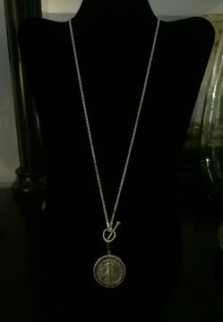 Solid silver 925 rope chain necklace with liberty coin and precious stones