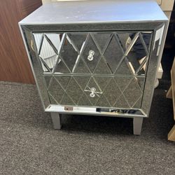 Nightstand Mirrored, White Night Stand with 2 Drawers, Silver End Table, (damaged)