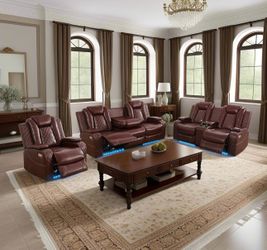 Power electric brown leather fully reclining couch set
