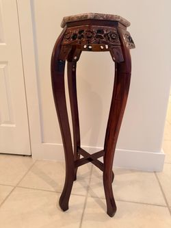 Carved Rosewood Pedestal Stand with Marble Top