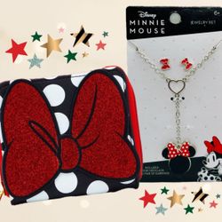 Disney Minnie Mouse Glitter Bow Mini Zipper Wallet & Jewelry Set NWT