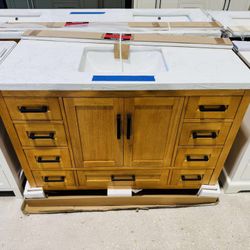 48” Brand New Bathroom Vanity in Teak color, Soft Close Solid Wood with Top in White  $749 