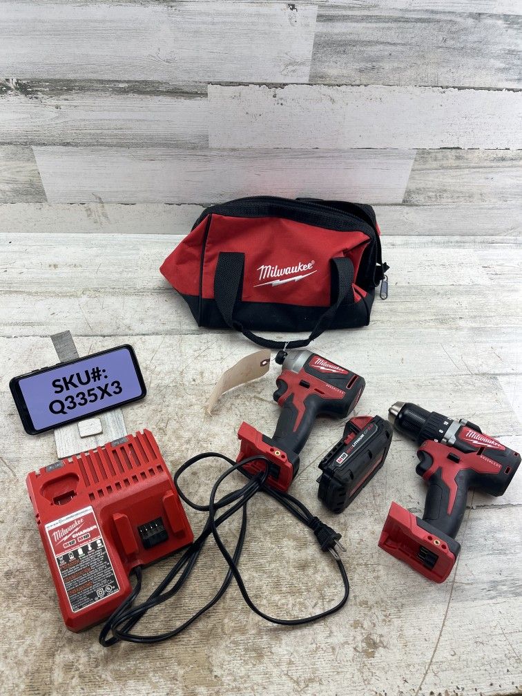 USED Milwaukee M18 18V Brushless Drill& Impact Driver Kit One 2Ah Battery Charger & Bag