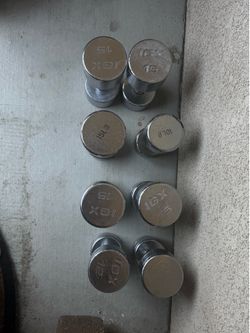 10, 12,15lbs Yes still Available Pair of dumbbells $20 Burn machine $30