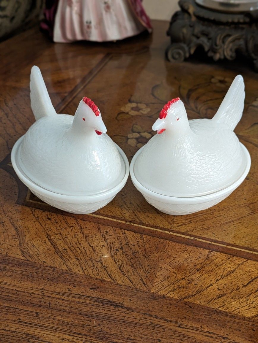 Two Vintage White Milk Glass Hens On Nests~$15 Each OR $25 For Both