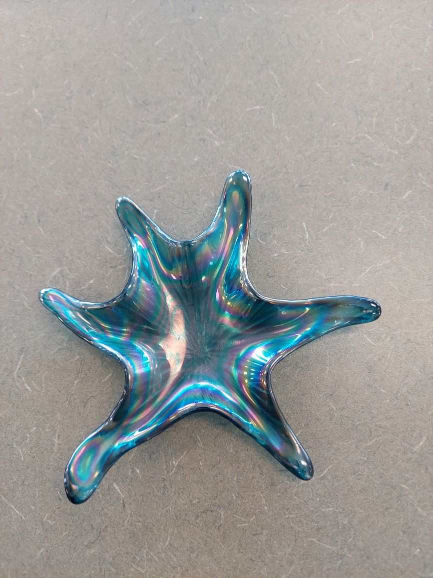 Carnival Glass iridescent blue glass wavy six legged starfish trinket dish.