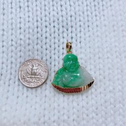 Lucky Buddha Green Jade With 18k Solid Yellow Gold Pendent