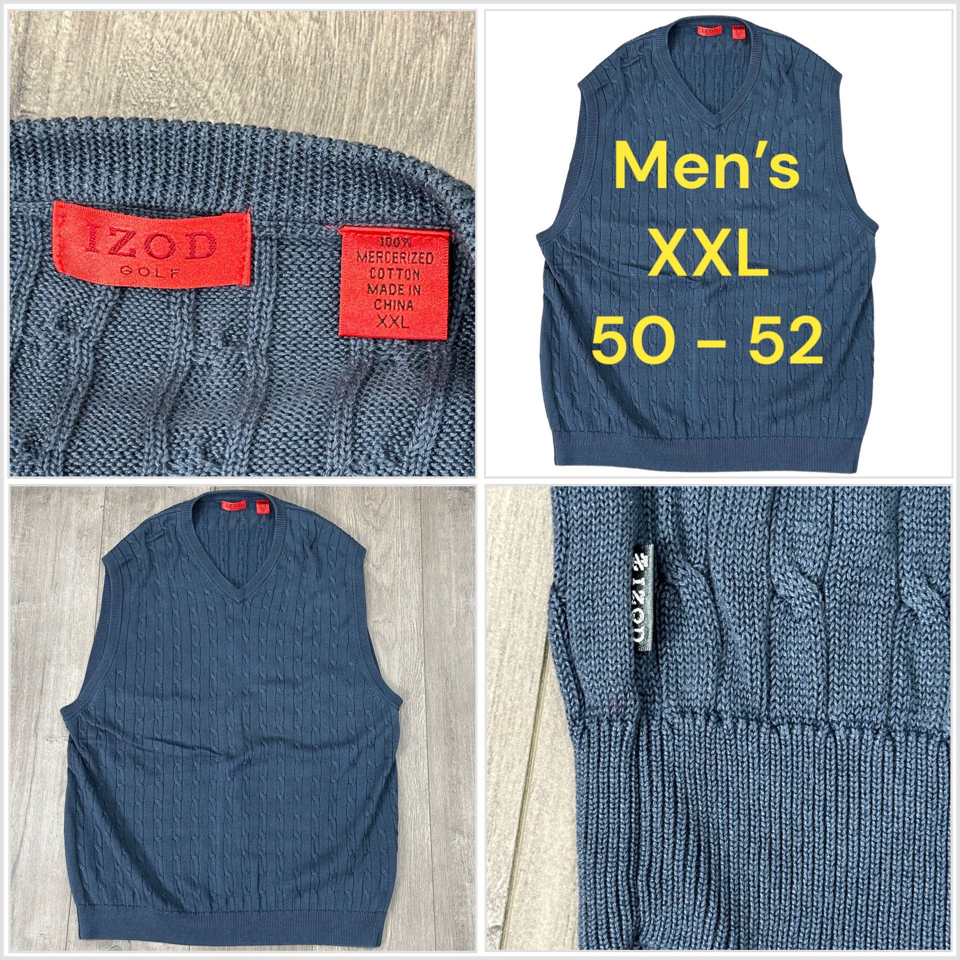 Men's IZOD 2XL XXL 50 - 52 V-Neck Cable Knit Sweater Vest Blue Pullover Cotton