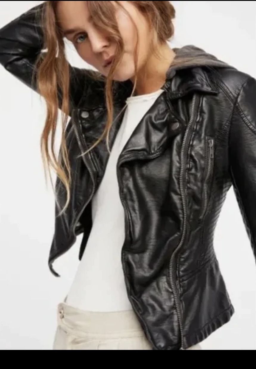 Free People Cleo Hooded Vegan Leather Moto Jacket