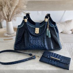 Brahmin Blue Croc Embossed Handbag + Wallet + Strap